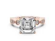 Asscher Cut Diamond Solitaire Engagement Ring Set in Rose gold with Milgrain Bezel Accent Band