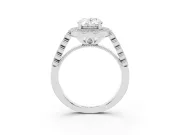 Oval Cut Diamond Milgrain Halo Solitaire Ring Set in Platinum with Bezel Set Side Stones and Pavé Band