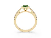 Fancy Green Emerald Cut Diamond Halo Engagement Ring Set in Yellow gold with Pavé Band and Prong Setting