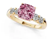 Fancy Pink Cushion Cut Diamond Five-Stone Prong Set Engagement Ring Set in Yellow gold with Channel Band