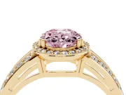 Fancy Pink Oval Cut Diamond Halo Ring Set in Yellow gold with Double Pavé Split Shank