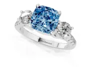 Fancy Blue Three-Stone Cushion Cut Diamond Pavé Band Ring Set in Silver with Prong-Set Trio