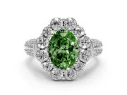 Fancy Green Oval Cut Diamond Halo Engagement Ring Set in White gold with Split Shank and Prong Setting