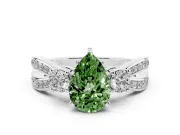 Fancy Green Three-Stone Pear Cut Diamond Twist Band Ring Set in White gold with Pavé Accents and Prong Setting
