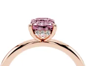 Fancy Pink Emerald Cut Diamond Solitaire Ring Set in Rose gold with Thin Band and Prong Setting