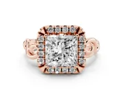 Princess Cut Diamond Halo Ring Set in Rose gold with Scrollwork Band and Prong Setting