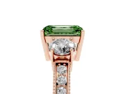 Fancy Green Emerald Cut Diamond Three-Stone Ring Set in Rose gold with Round Side Stones and Pavé Band