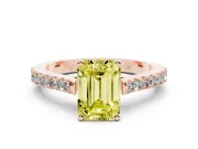 Fancy Yellow Emerald Cut Diamond Solitaire Engagement Ring Set in Rose gold with Delicate Pavé Band and Prong Setting