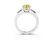 Fancy Yellow Round Cut Diamond Solitaire Ring Set in Platinum with Tapered Baguette Side Stones and Prong Setting