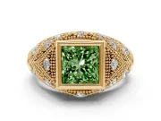 Fancy Green Princess Cut Diamond Bezel Ring Set in Yellow gold with Milgrain Accent Band