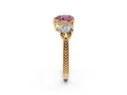 Heart-Shaped Vintage Three Stone Engagement Ring Setting for a Fancy Pink Lab-Grown Diamond | Yellow Gold - Design NV-24868