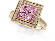 Princess Cut Vintage Milgrain Halo Engagement Ring Setting for a Fancy Pink Lab-Grown Diamond | Bezel Head | Yellow Gold