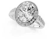 Oval Cut Diamond Milgrain Halo Solitaire Ring Set in Platinum with Bezel Set Side Stones and Pavé Band