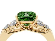Fancy Green Princess Cut Diamond Cluster Ring Set in Yellow gold with Round Accent Stones and Prong Setting on a Plain Band
