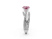Fancy Pink Round Cut Diamond Solitaire Twist Band Ring Set in White gold with Pavé Setting and Prong Head