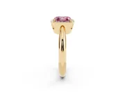 Fancy Pink Asscher Cut Diamond Halo Engagement Ring Set in Yellow gold with Plain Split Shank and Prong Setting