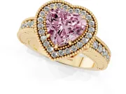 Fancy Pink Heart Cut Diamond Halo Ring Set in Yellow gold with Round Accent Halo, Pavé Band and Prong Setting