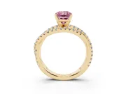 Fancy Pink Radiant Cut Diamond Solitaire Twist Band Ring Set in Yellow gold with Pavé Setting and Prong Head