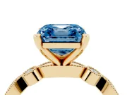 Fancy Blue Asscher Cut Diamond Solitaire Engagement Ring Set in Yellow gold with Milgrain Bezel Accent Band