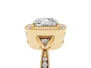 Cushion Cut Diamond Halo Engagement Ring Set in Yellow gold with Milgrain Pavé Band