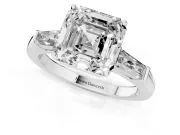 Asscher Cut Diamond Solitaire Ring Set in White gold with Tapered Baguette Side Stones and Prong Setting