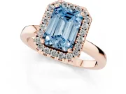 Fancy Blue Emerald Cut Diamond Halo Solitaire Ring Set in Rose gold with Pavé Band and Prong Setting