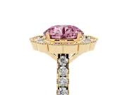 Fancy Pink Round Cut Diamond Milgrain Floral Halo Engagement Ring Set in Yellow gold with Pavé Band