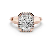 Radiant Cut Diamond Halo Ring Set in Rose gold with Cathedral Band and Prong Setting