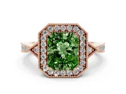 Fancy Green Radiant Cut Diamond Halo Engagement Ring Set in Rose gold with Milgrain Pavé Band