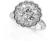 Round Cut Diamond Milgrain Floral Halo Engagement Ring Set in White gold with Pavé Band