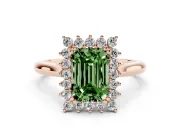 Fancy Green Emerald Cut Diamond Halo Ring Set in Rose gold with Plain Solitaire Band and Prong Setting
