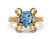 Fancy Blue Pear Cut Diamond Twisted Band Solitaire Ring Set in Yellow gold with Scroll Prongs
