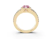 Fancy Pink Cushion Cut Diamond Halo Ring Set in Yellow gold with Pavé Split Shank and Prong Setting
