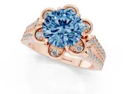 Round Petal Frame Floral Halo Engagement Ring Setting for a Fancy Blue Lab-Grown Diamond | Pavé Split Shank | Rose Gold