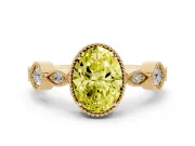 Fancy Yellow Oval Cut Diamond Vintage-Inspired Milgrain Ring Set in Yellow gold with Marquise Stations of Round Accents