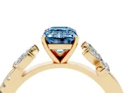 Fancy Blue Emerald Cut Diamond Floral Vine Solitaire Engagement Ring Set in Yellow gold with Marquise Leaves