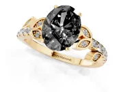 Fancy Black Oval Cut Diamond Solitaire Leaf-Inspired Ring Set in Yellow gold with Pavé Band and Prong Setting