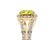 Cushion Cut Halo Engagement Ring Setting for a Fancy Yellow Lab-Grown Diamond | V-Split Pavé Band | Yellow Gold