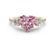 Heart-Shaped Three Stone Engagement Ring Setting for a Fancy Pink Lab-Grown Diamond | Pave Shoulders | Yellow Gold