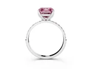 Fancy Pink Asscher Cut Diamond Solitaire Engagement Ring Set in Platinum with Round Pavé Band and Prong Setting