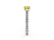 Fancy Yellow Cushion Cut Diamond Solitaire Ring Set in White gold with Slim Pavé Band and Prong Setting