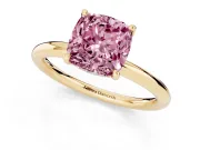 Fancy Pink Cushion Cut Diamond Solitaire Ring Set in Yellow gold with Thin Band and Prong Setting
