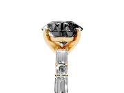 Fancy Black Round Cut Diamond Solitaire Set in Yellow gold with Side Baguettes and Channel Set Band