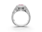 Fancy Pink Round Cut Diamond Bezel Ring Set in Platinum with Milgrain Accent Band