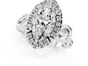 Marquise Cut Diamond Halo Ring Set in Silver with Scrollwork Band and Prong Setting