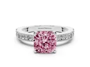 Fancy Pink Cushion Cut Diamond Solitaire Ring Set in White gold with Slim Pavé Band and Prong Setting