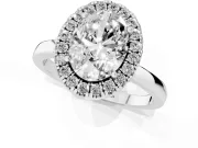 Oval Cut Diamond Halo Solitaire Ring Set in Silver with Pavé Band and Prong Setting
