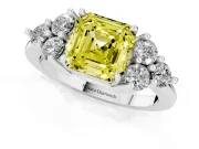 Fancy Yellow Asscher Cut Diamond Solitaire Ring Set in White gold with Cluster Accents on Each Side