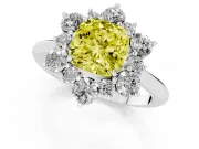 Fancy Yellow Cushion Cut Diamond Cluster Halo Ring Set in Silver with Solitaire Band and Prong Setting
