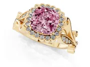 Cushion Cut Leaf Halo Engagement Ring Setting for a Fancy Pink Lab-Grown Diamond | Yellow Gold